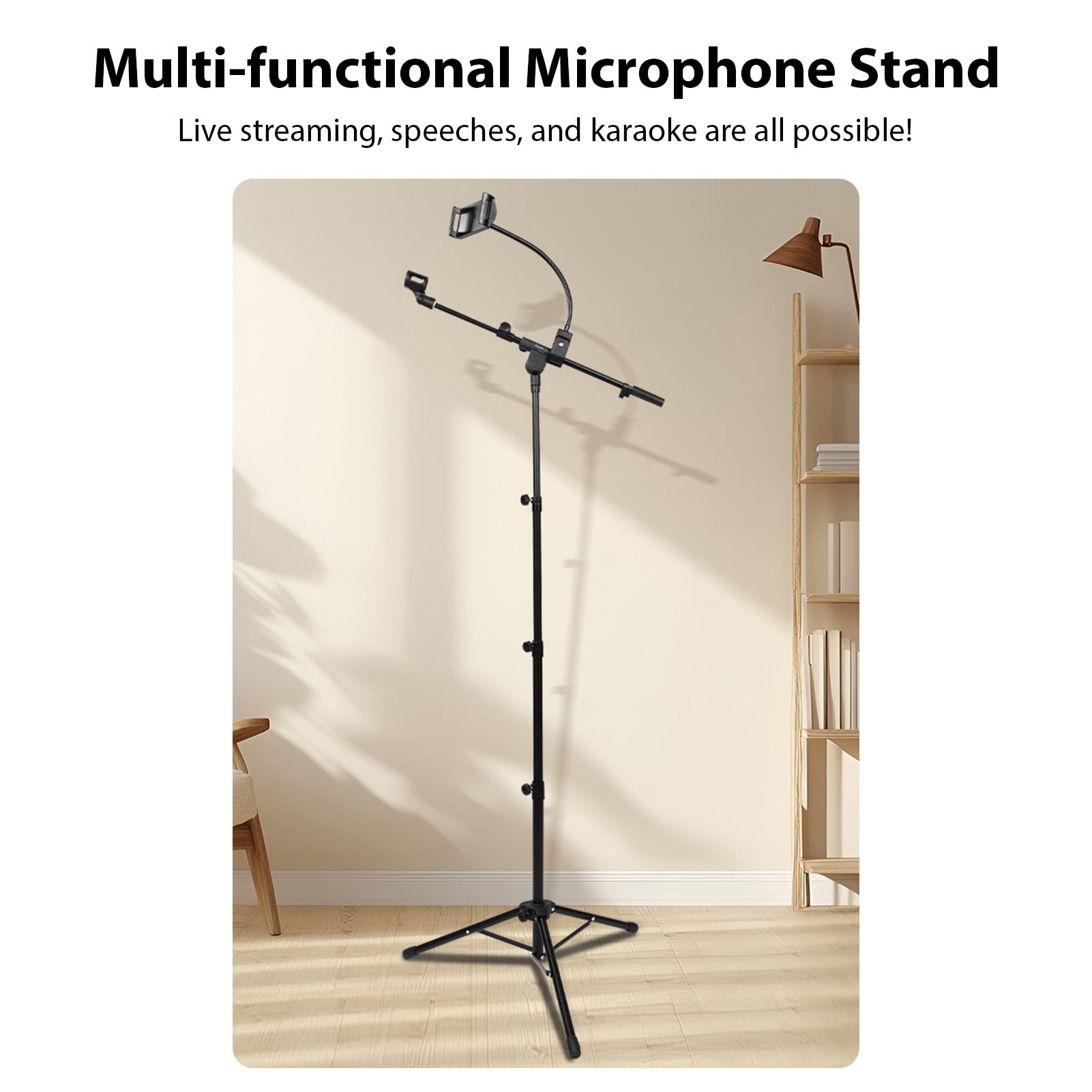 GUITTO GMS-04 Black Dual Device Tripod Microphone Floor Stand & Adjustable Boom Arm with Phone/Tablet Holder - 70 in / 177 cm