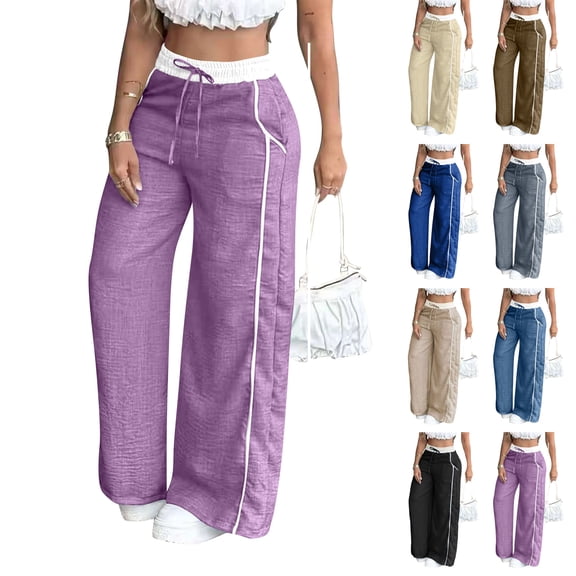 Womens Ice Silk Wrinkle Pants - Casual Loose Drawstring Elastic Waist Wide Leg Track Pants Blue S