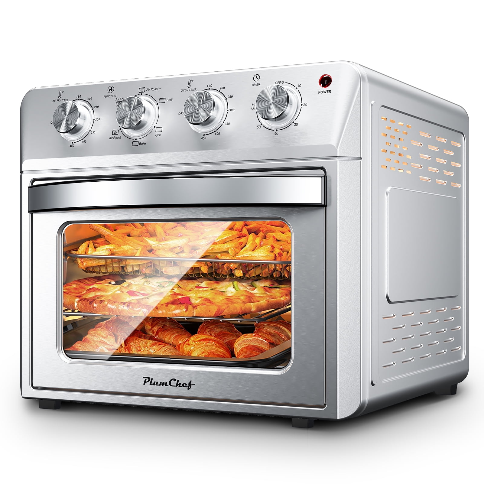 Plum Chef 27.5QT Silver Air Fryer Oven 6 in 1 Countertop Convection Oven Large Capacity with Air Fry Bake Broil 4 Knob Control Family Size Stainless Steel Design