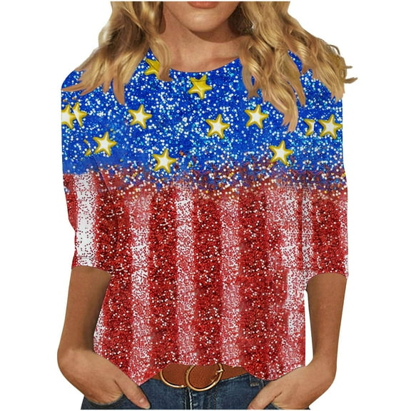 Women's New 3/4 Sleeve Round Neck Pullover Independence Day Casual Printed Top T-shirt