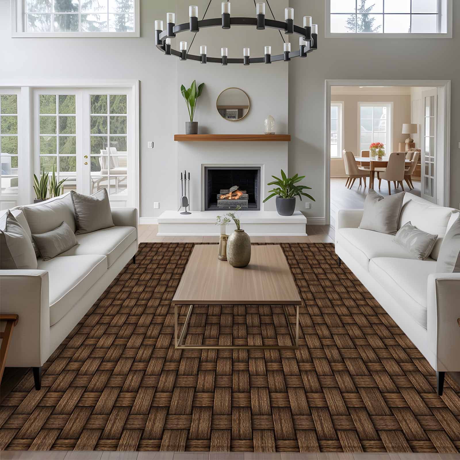 Large Area Rugs for Living Room Bedroom, Dark Brown Rattan 6'x9' Rug Washable Carpet Runner Indoor Outdoor, Vintage Abstract Wicker Texture Non Slip Floor Mats Rug for Kitchen, Playroom