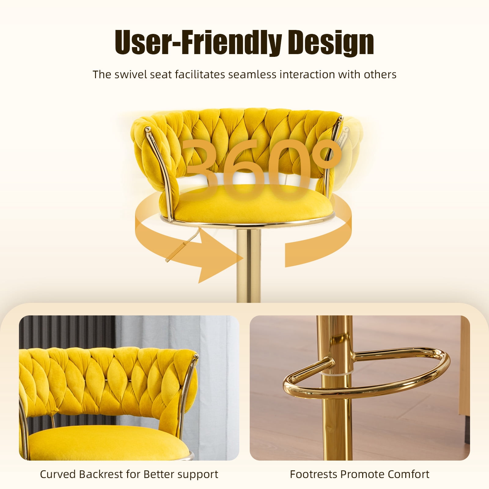 MOONMISS Velvet Upholstered Adjustable Height Swivel Armless Bar Stools with Golden Footrest(set of 2)-Yellow