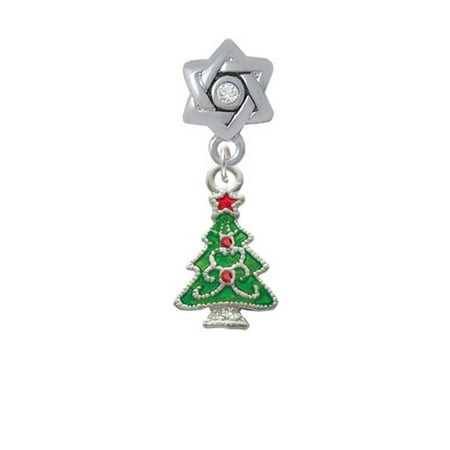 Christmas Tree Star Charm - Green Christmas Tree with Red Crystals - Star of David with Clear Crystal Charm Bead