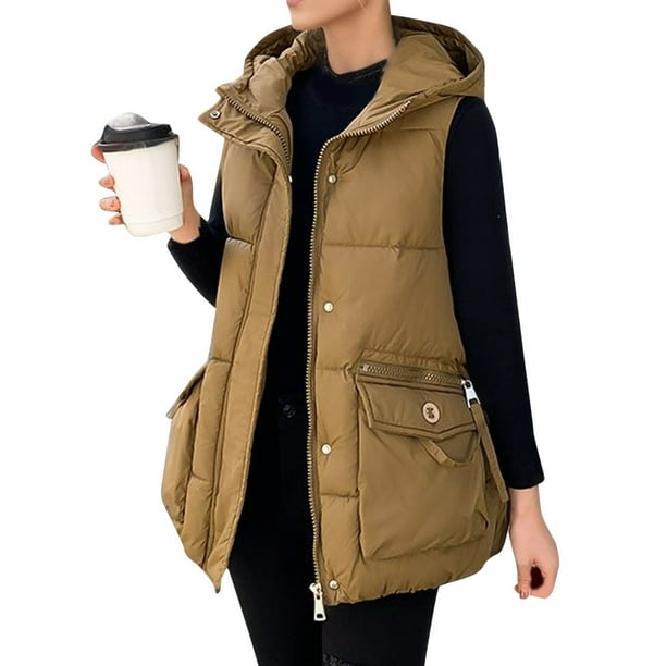 Gibobby Chalecos casuales para mujer, Chaleco acolchado impermeable sin mangas para mujer, cuello alto con cierre(Marrón,G)
