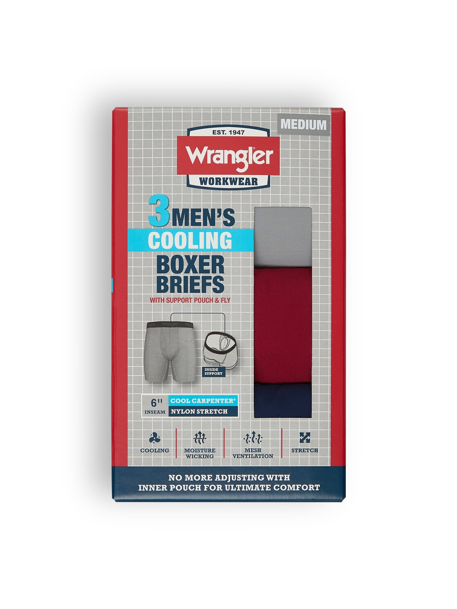 Wrangler Cool Carpenter 6" Boxer Briefs Men's Underwear, Large, Light Gray/Tibetan Red/Naval Academy, 3-Pack