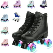 LPAMEOIU Roller Skates for Women,4-Flashing-Wheel Men Quad Skate for Girl Boy(Black,Women 8.5/Men 7)
