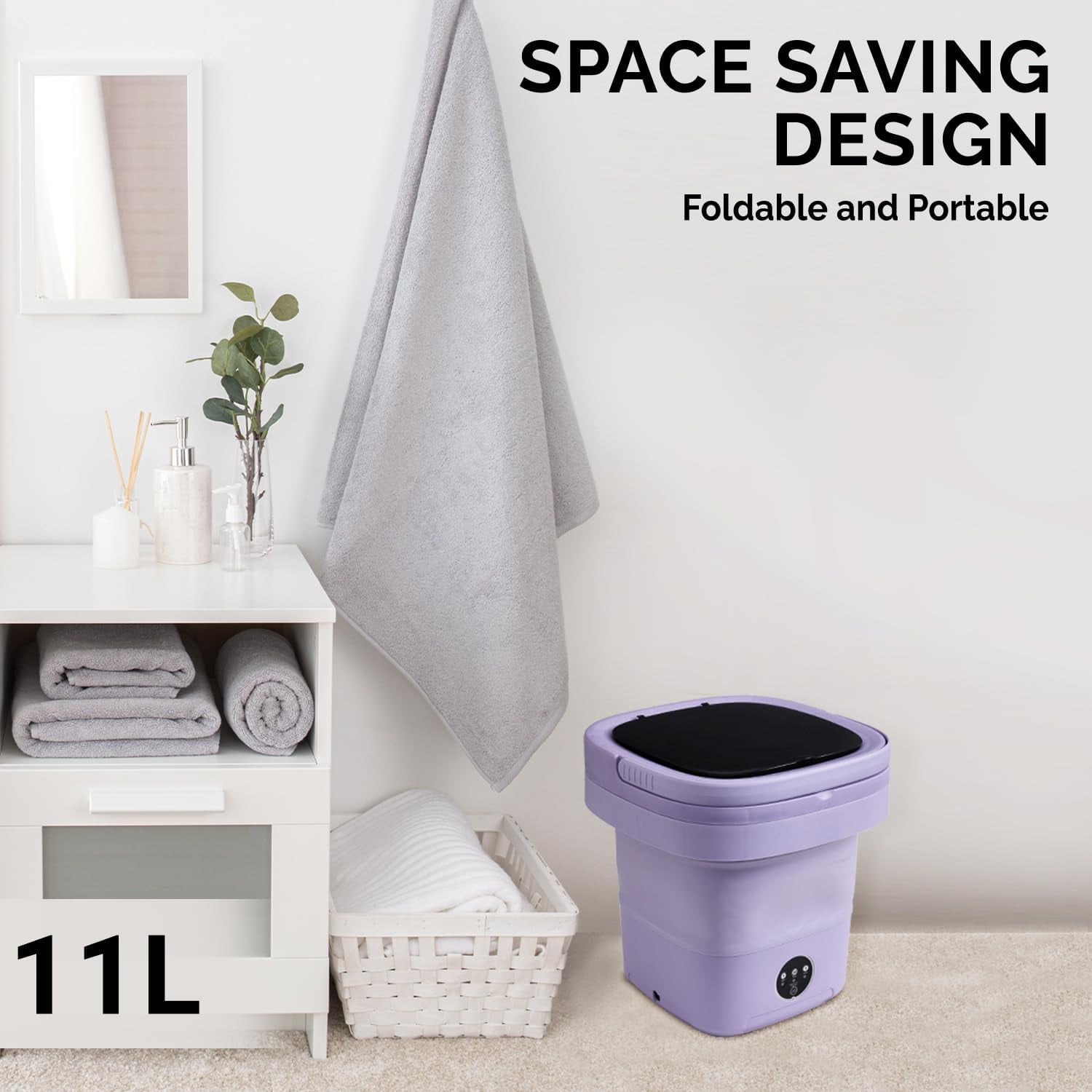 Portable Washing Machine, 11L Mini Washer for Apartments, RV & Travel | Folding Clothes Washer with Spin Basket & 3 Modes | Compact Washing Machine for Underwear, Baby Laundry & Small Loads (Purple)
