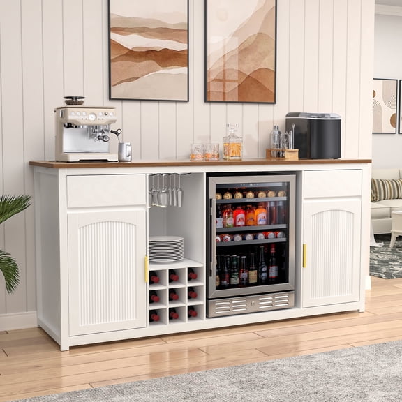 Extra Long Bar Cabinet with Fridge Space, Modern Wine Liquor Cabinet,78.7", White