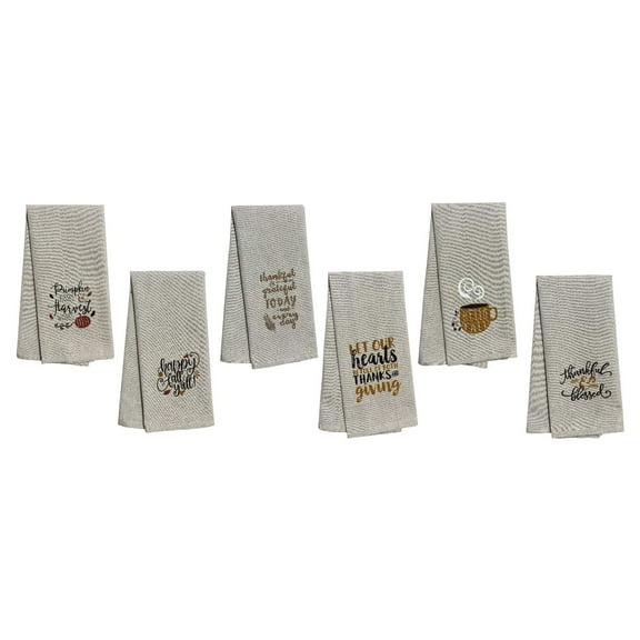 Set of 6, Fall  Harvest Halloween on Tan Linen 100% Cotton Vintage Saying Tea Towels/Kitchen Towel Size: 15” x 25".