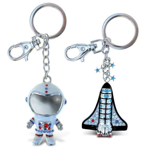 Aqua79 Sparkling Keychain Set of 2 – Space Astronaut and Space Shuttle 3D Charm Rhinestones, Metal Alloy Key Ring - Accessory with Clasp for Key Chain, Bag, Purse, Handbag, Backpacks, and Keyholders
