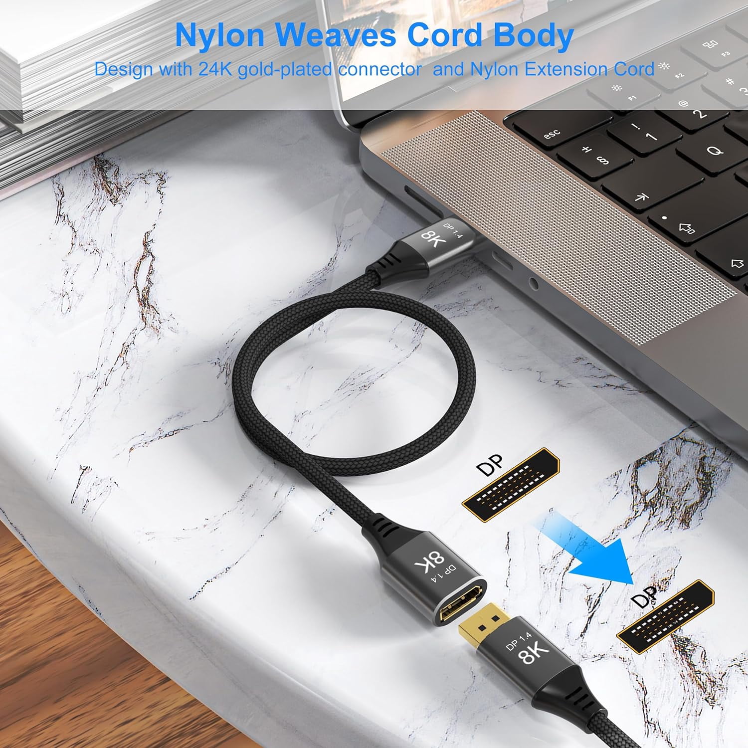 JJEAN-8K DisplayPort Extension Cable 6Feet, DisplayPort 1.4 Male to Female Extension Cable, Braided DP to DP Extended Cord, Supports 8K@60Hz,4K@120Hz (Grey, 6 Ft)