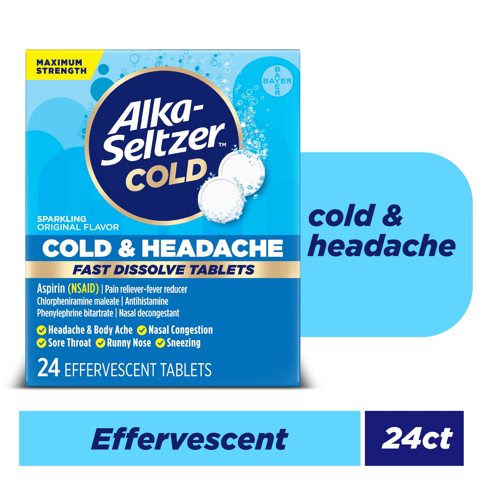 Alka-Seltzer Cold, Cold & Headache Max Strength Fast Dissolve Tabs, Original Flavor, 24 Count