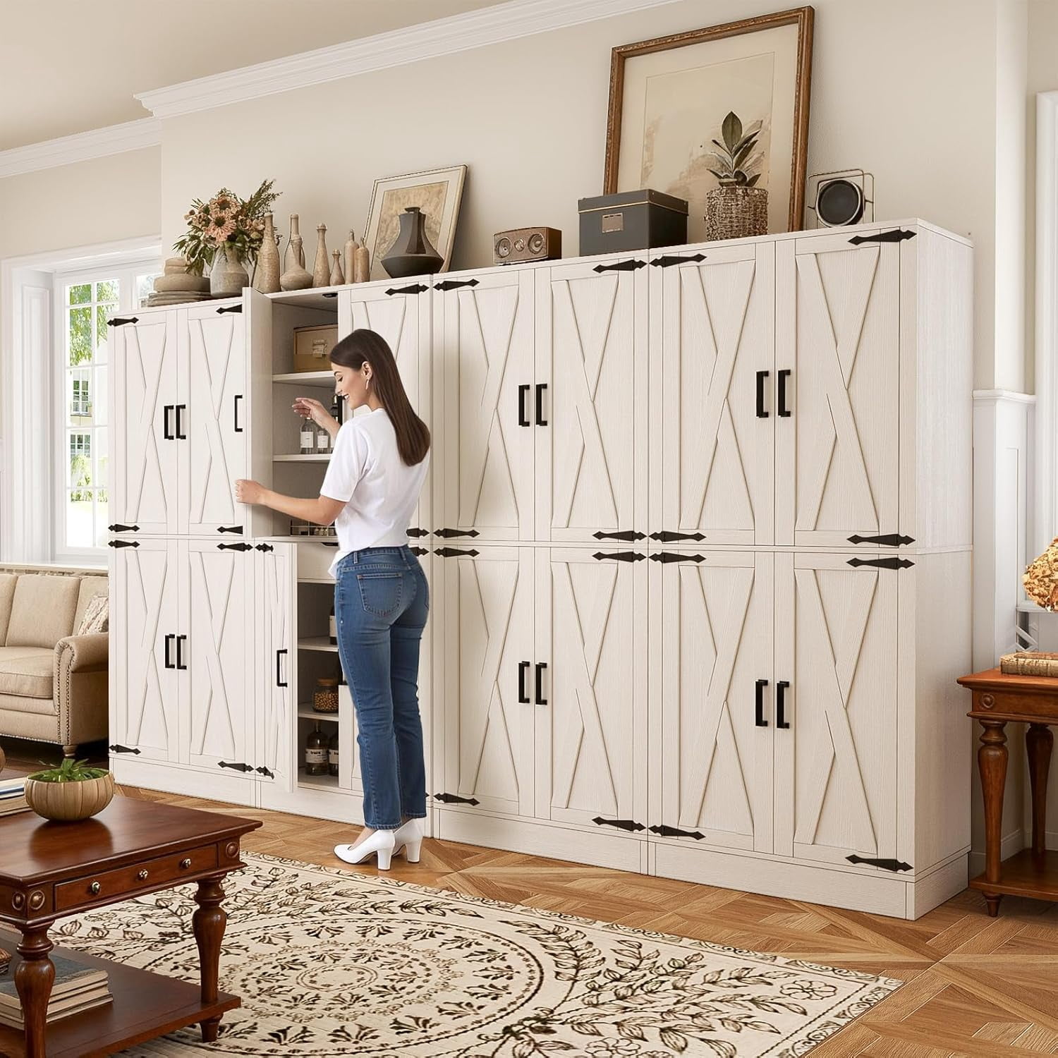 Homieasy 71'' Tall Farmhouse Pantry Cabinet 2 Piece Set, 6-Tier Pantry with Doors, Drawers & Adjustable Shelves, White