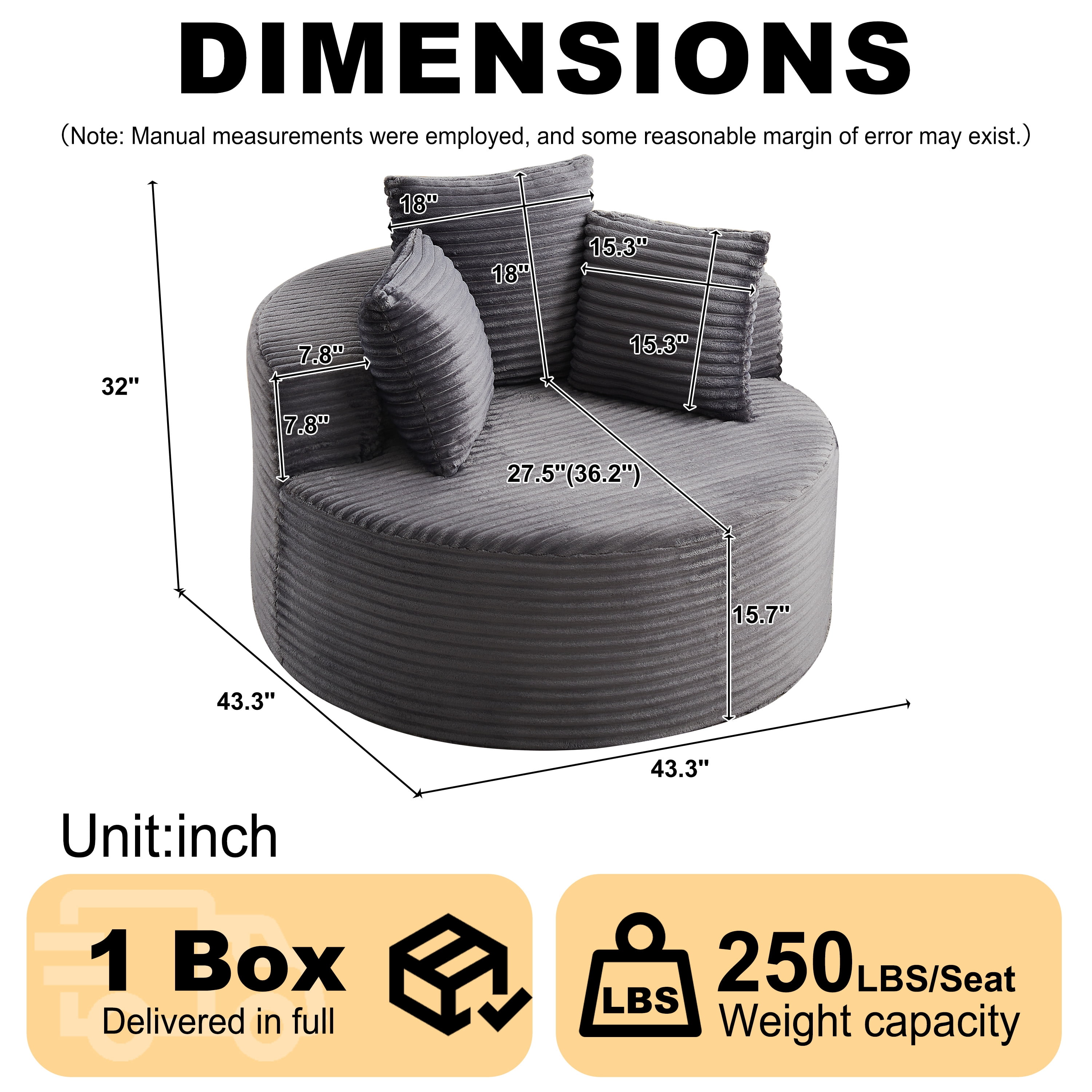 43-Inch Round Corduroy Single Sofa, Comfortable Lounge Chair, Comes With Three Pillows, Minimalist Design, Perfect For Bedrooms, Lounges, Game Rooms, And Living Rooms