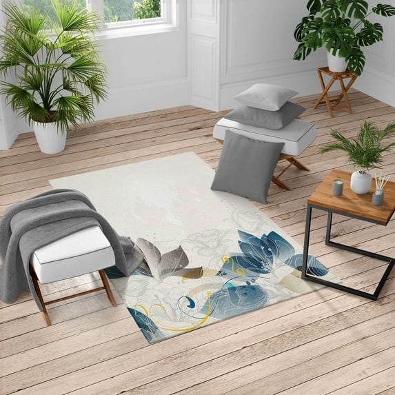 Flower Turkish Area Rug, Retro Floral Background Hibiscus Silhouettes Dramatic Romantic Nature Art, Soft Carpet for Living Room Decor with Distressed Look, 4' X 5.7', Petrol Blue, by Ambesonne