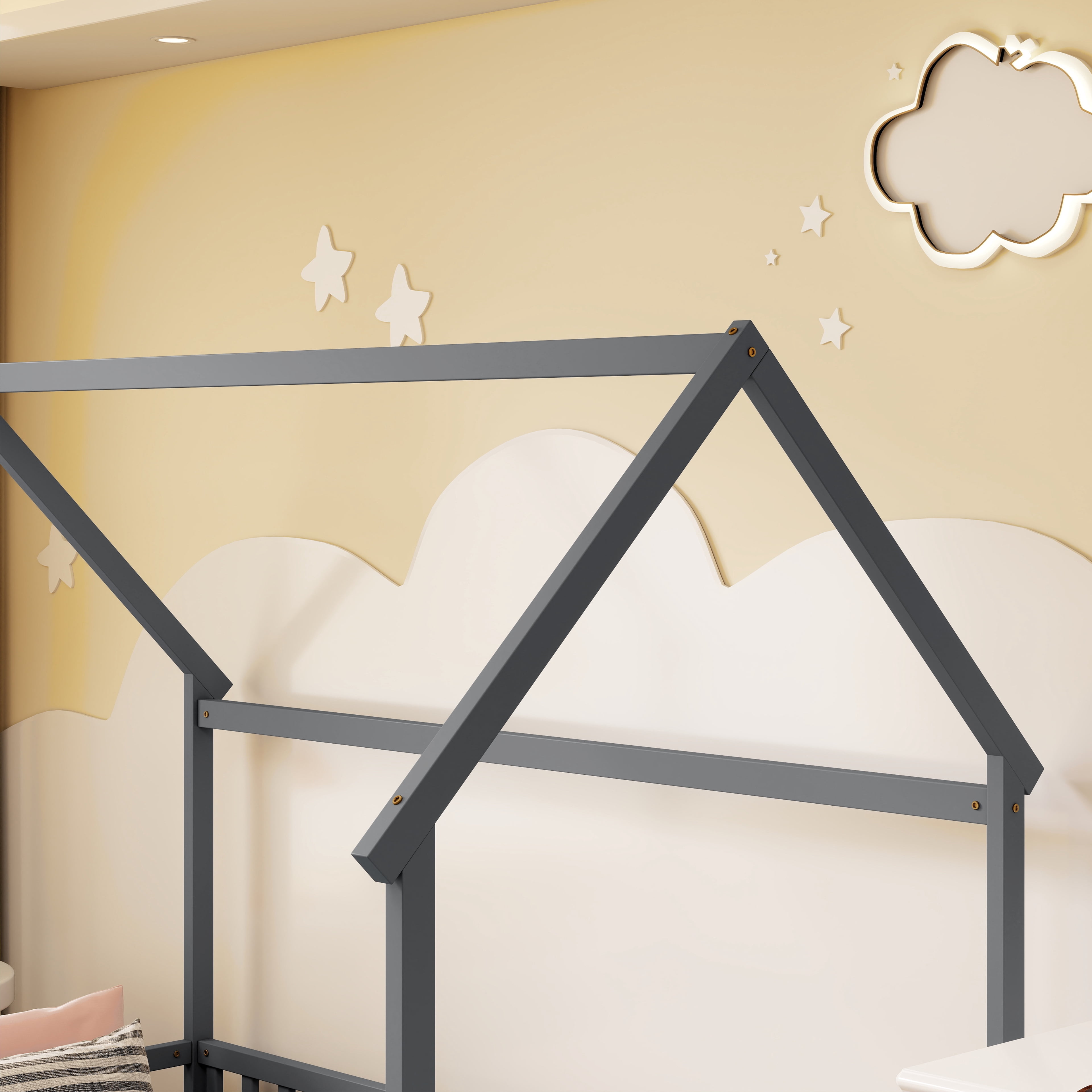 Twin House Floor Bed with Full Safety Fence, Solid Pine Wood Montessori Kids Playhouse Bed Frame No Box Spring Needed Max 250 LBS for Toddler Bedroom Nursery