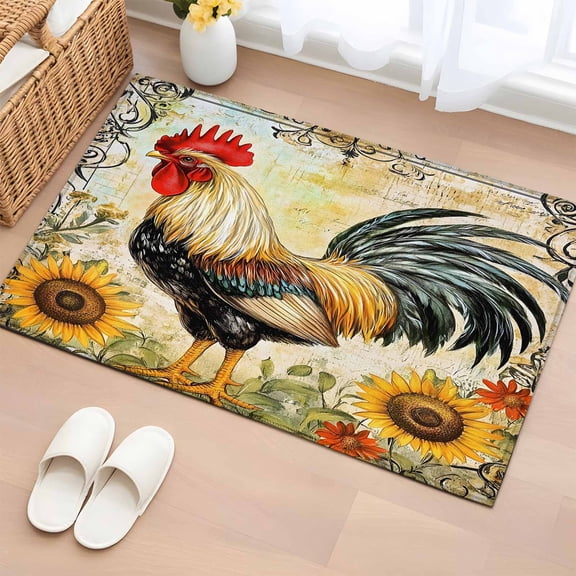 Retro Rooster Bathroom Rug Washable 2x3 Entryway Rug Non Slip Sunflower Watercolor Farmhouse Animals Front Door Mat Low Pile Indoor Doormat Throw Floor Carpet for Kitchen Bedroom Entrance