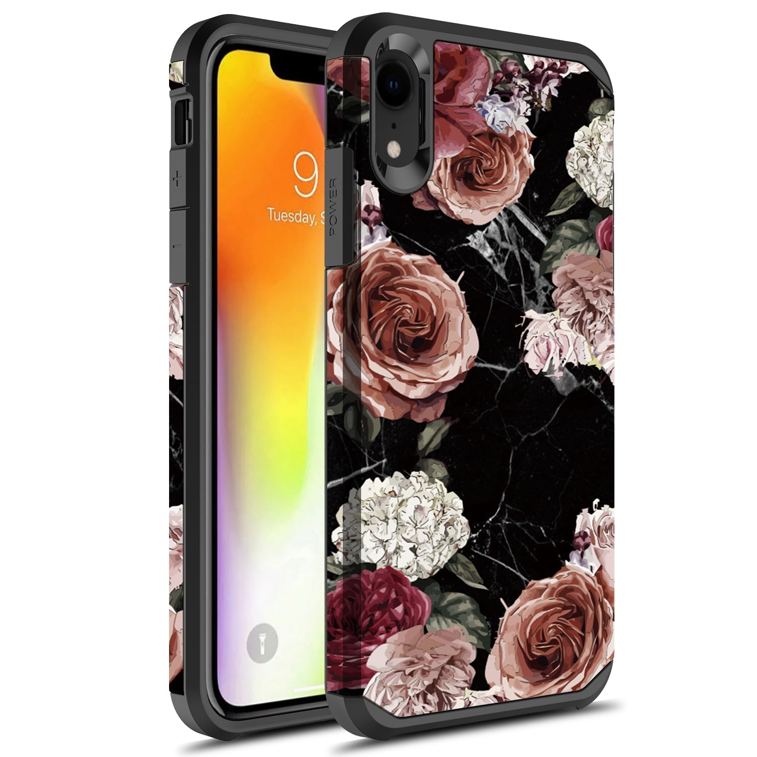 iPhone XR Case, Rosebono Slim Hybrid Dual Layer Graphic Fashion Colorful Cover Armor Case for Apple iPhone XR (Flower)
