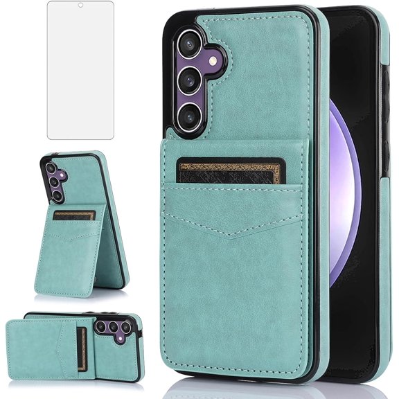MYKOMI Phone Case for Samsung Galaxy S23 FE Gaxaly S 23 FE 5G with HD Screen Protector Credit Card Holder Wallet Cover Stand Leather Cell Accessories S23FE5G S23FE 23S G5 Women Men Green