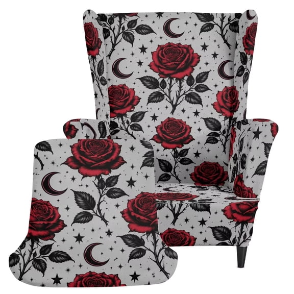 Kuiaobaty Gothic Rose Moon Print Single Wing Chair Slipcover with Cushion Cover, Soft Non-Slip 2-Pieces Wingback Sofa Covers with Elastic Bottom for Living Room Bedroom
