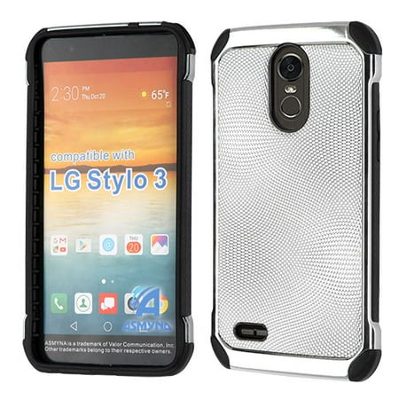 LG Stylo 3 Phone Case Slim Hybrid Leather Armor Impact Shockproof Dual Layer Rubber Silicone Hard Protective Cover Silver + (Skyrim Best Leather Armor)