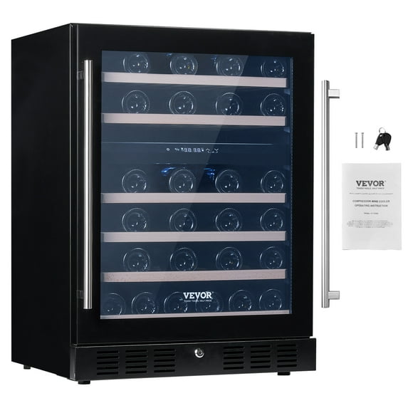 VEVOR Wine Cooler, 46 Bottles Under Counter Built-in or Freestanding Wine Refrigerator, Dual Zone Beverage Cooler with Blue LED Light