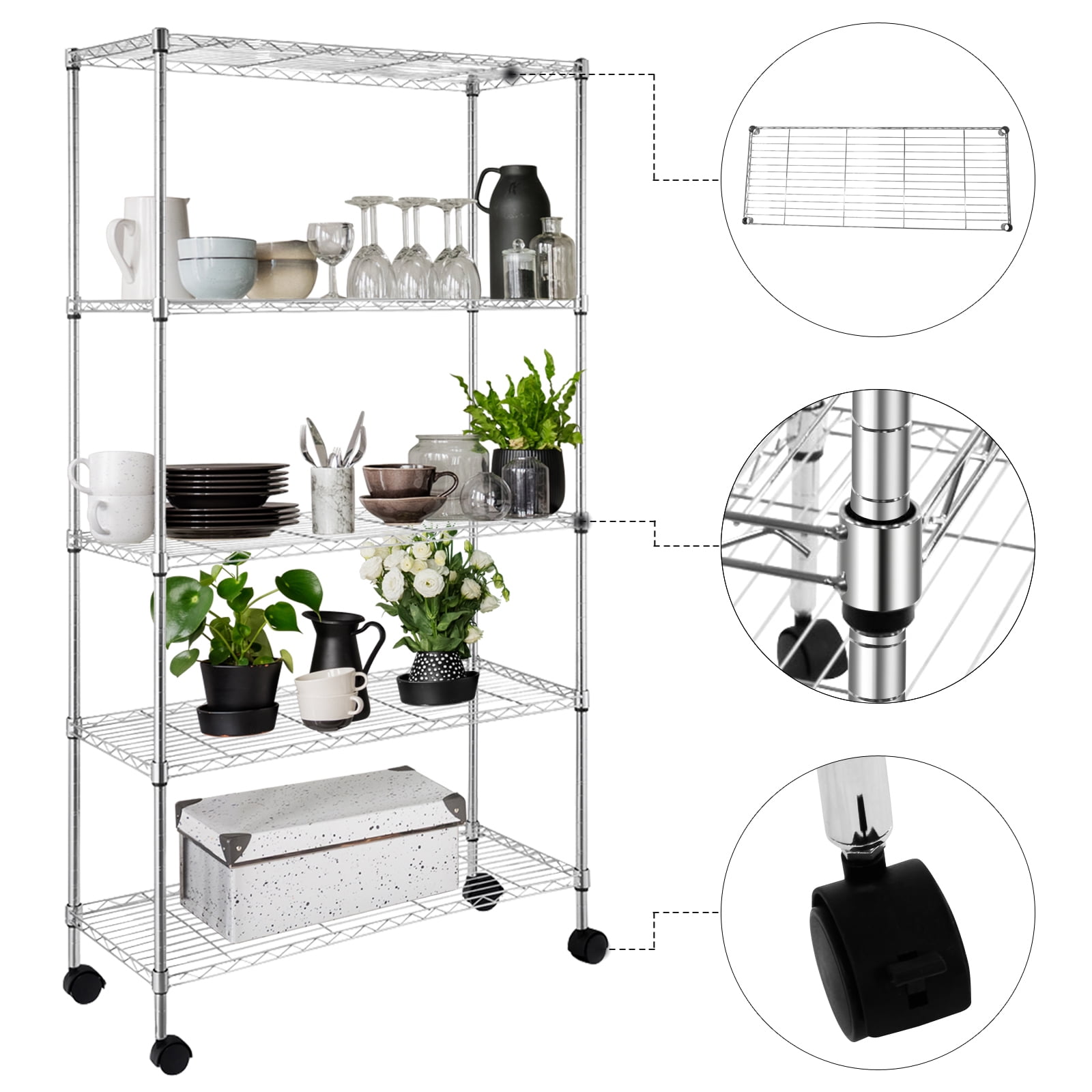 5-Layer Shelf with 1.5" Nylon Wheels, Chrome Plated Iron, 165*90*35cm