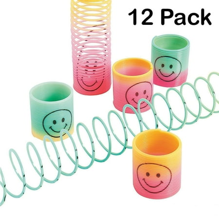 Smiley Face Charts - Plastic Mini Rainbow Smile Face Slinkys 1.5 Inches - Pack Of 12 – Cool Smiley Magic Coil Springs - For Kids Great Party Favors, Bag Stuffers, Fun, Toy, Gift, Prize - By Kidsco