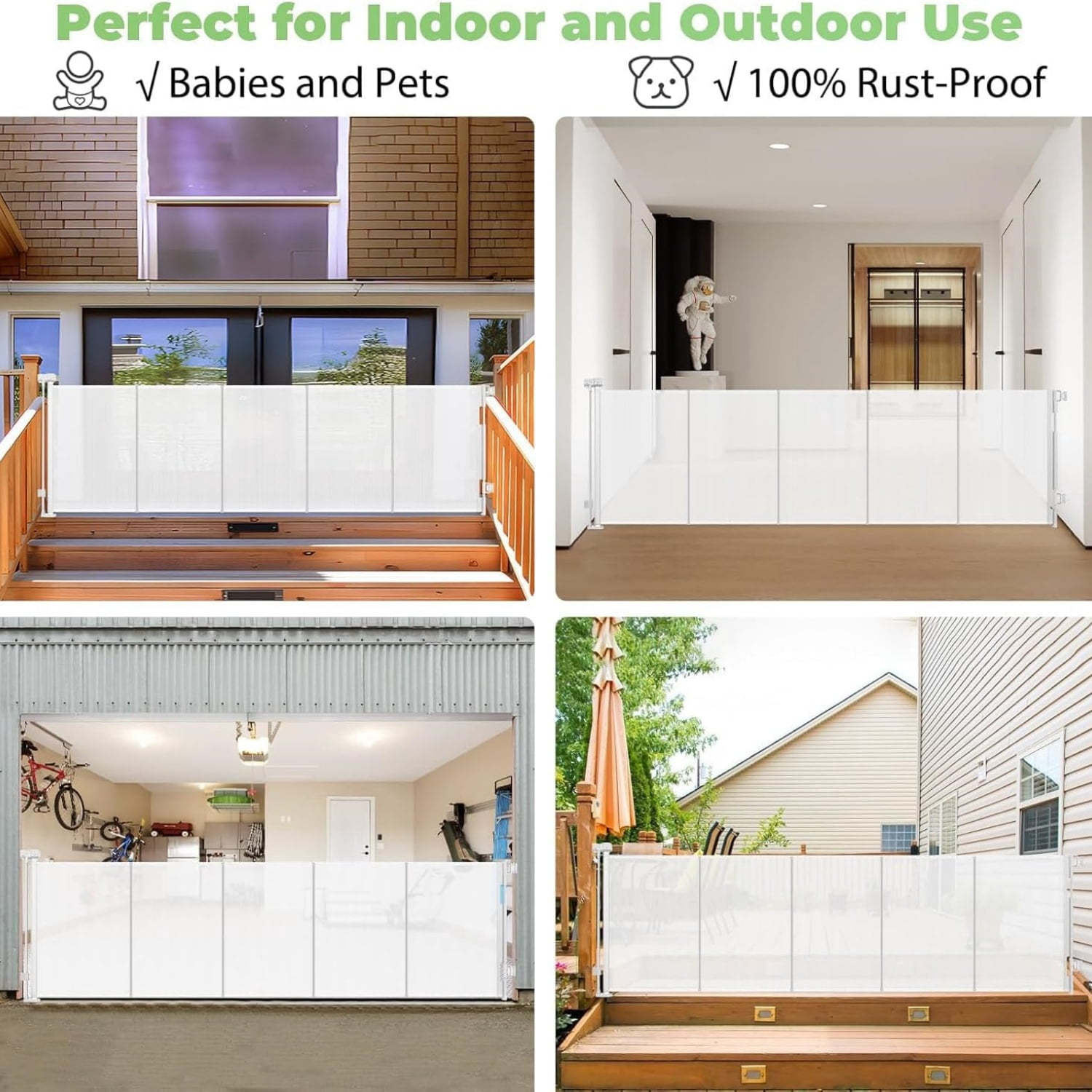 Reinforced 120 Inch Extra Long Retractable Baby & Dog Gate with Support Rods Prevents Crawling Under, 10 Ft Wide for Large Openings, Indoor/Outdoor Gate, White