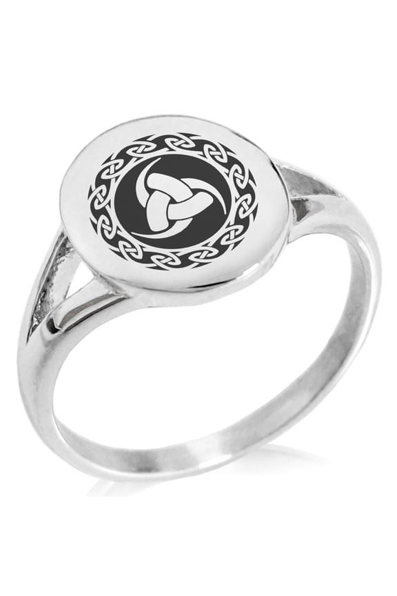 Stainless Steel Triskelion Triple Horn of Odin Viking Minimalist Oval Top Polished Statement Signet Ring