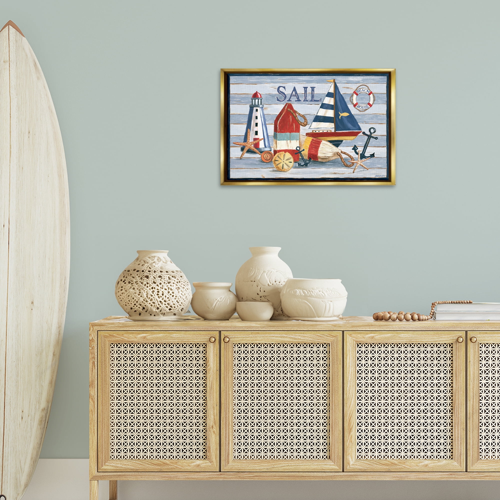 Stupell Industries Striped Nautical Still Life Nautical & Beach Painting Gold Floater Framed Canvas Art Print Wall Art, 25 x 17