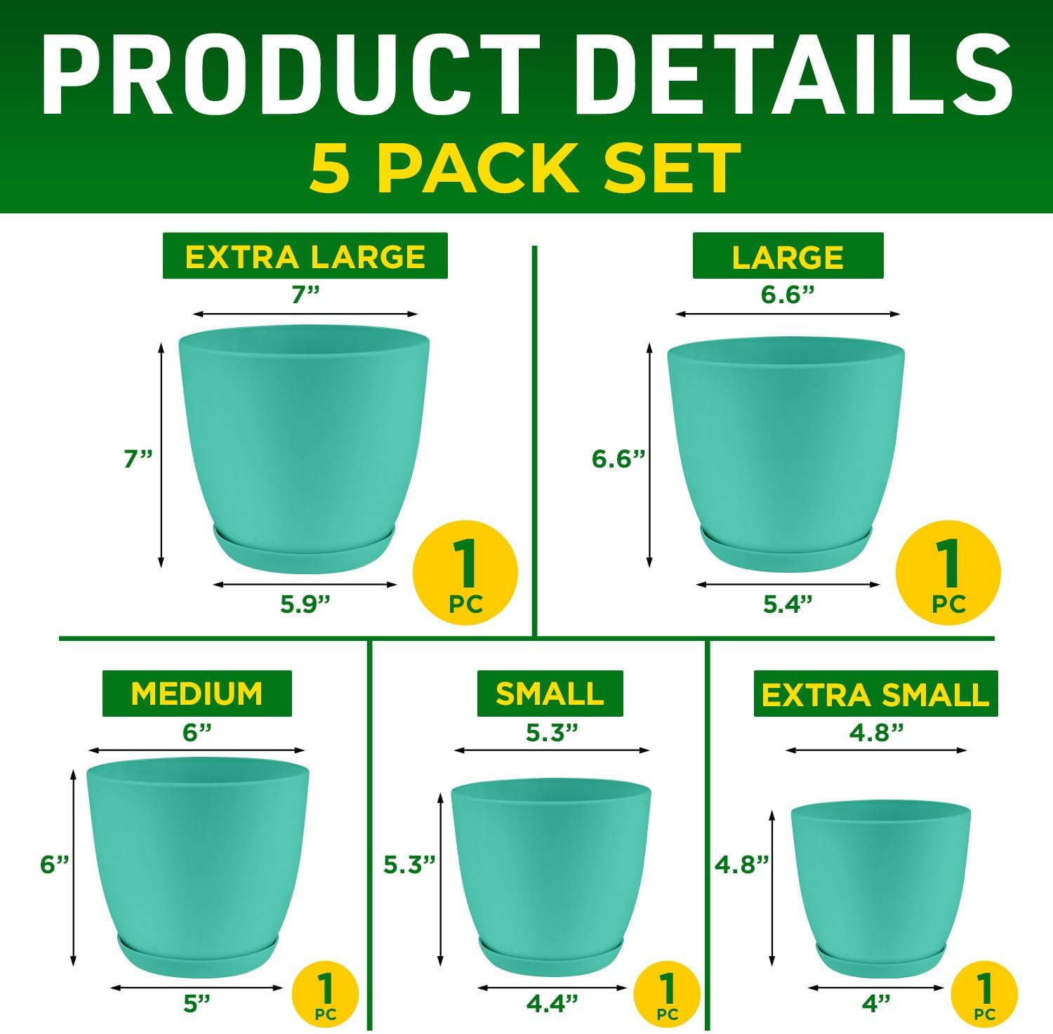 Lifemaster 5-Piece Aqua Planter Pots with Drainage - Lightweight, Durable, Space-Saving Design for Indoor/Outdoor Use