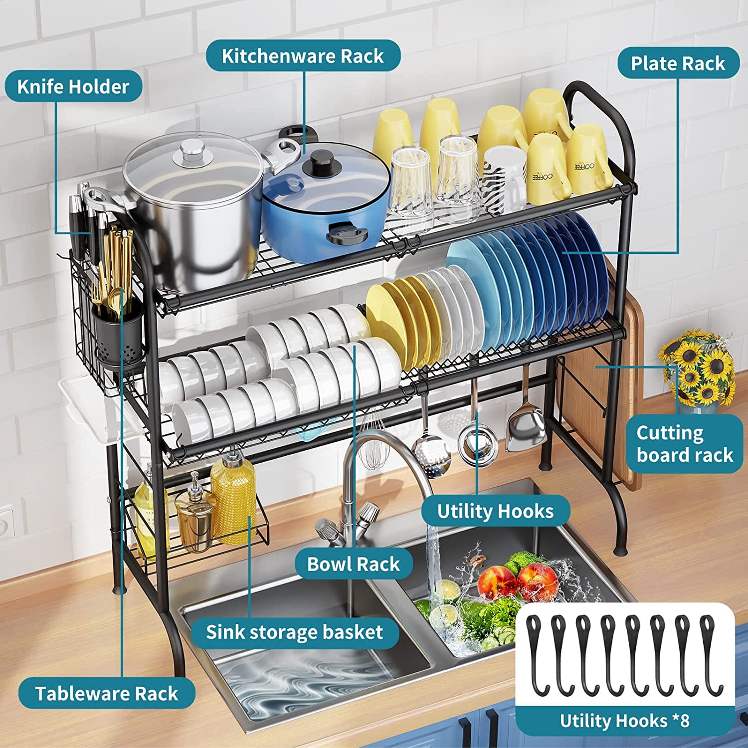 3-Tier Over The Sink Dish Drying Rack, Stainless Steel with Cutlery & Board Holder, Black