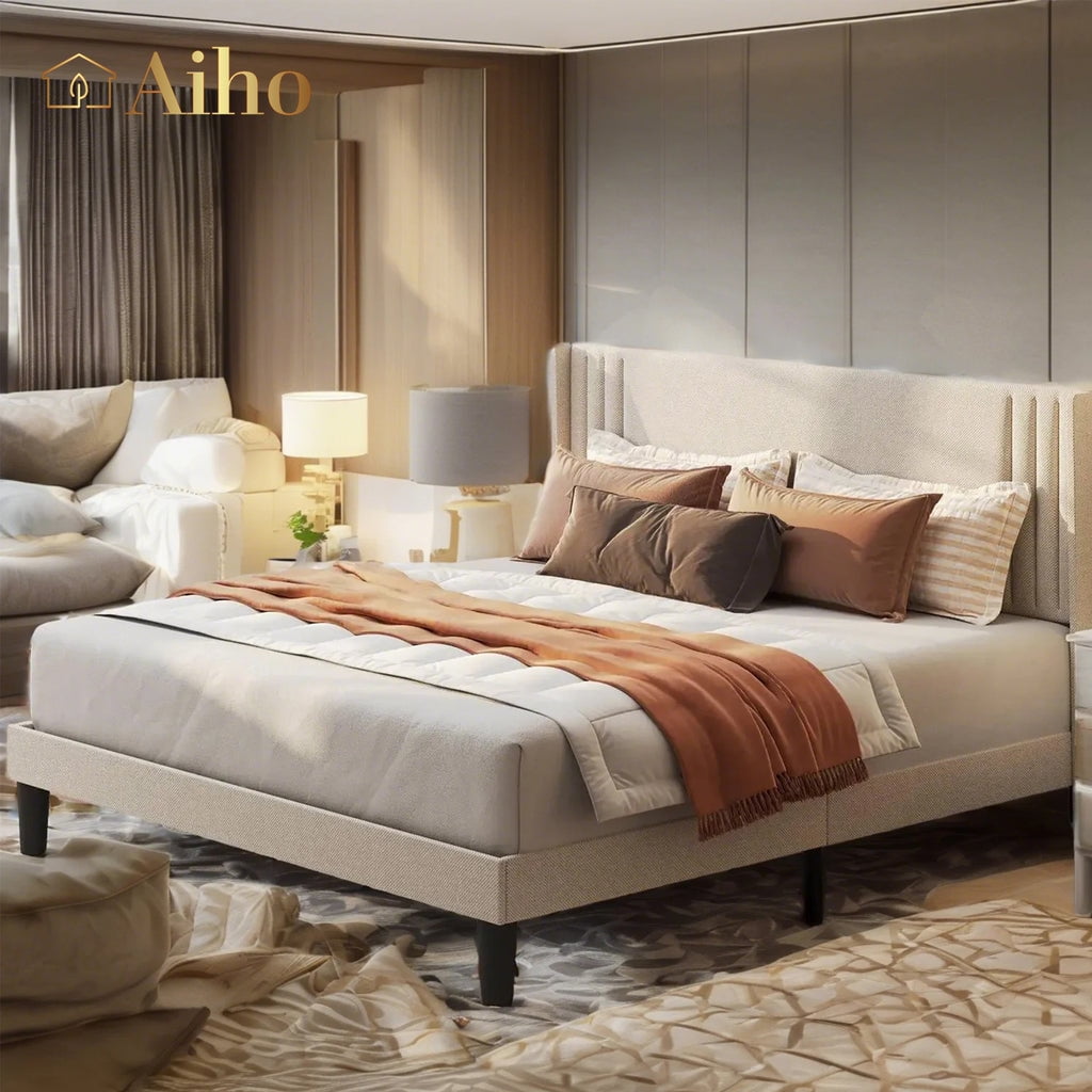 Aiho Full Size Bed Frame, Modern Upholstered Platform Bed with Wingback Headboard & No Box Spring Needed, Perfect for Bedroom, Beige