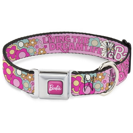 Mattel Pet Collar, Dog Collar Metal Seatbelt Buckle, Barbie Living the Dream Life Icons Collage Pinks, 9.5 to 13 Inches 1.0 Inch Wide