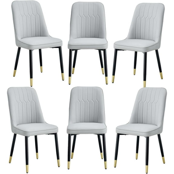 JUFU Dining Chairs Set of 6,Modern Dining Room Chairs,Faux Leather Dining Chairs with Thick Cushion and Metal Legs,Light Grey Kitchen Chairs for Dining Room Kitchen