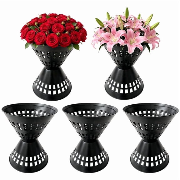 5 Pcs Black Plastic Bouquet Holders Versatile for Flower Arrangement, Weddings, Events