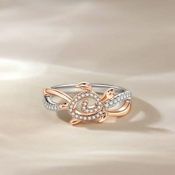 Blue Jewel 0.5 Ct Round Brilliant Cut Diamond Ring - Silver 14K White Gold Plated Ring - Turtle's Journey Diamond Rings for Her - Two Tone Diamond Rings for Women's - Twisted Cross Over Diamond Rings