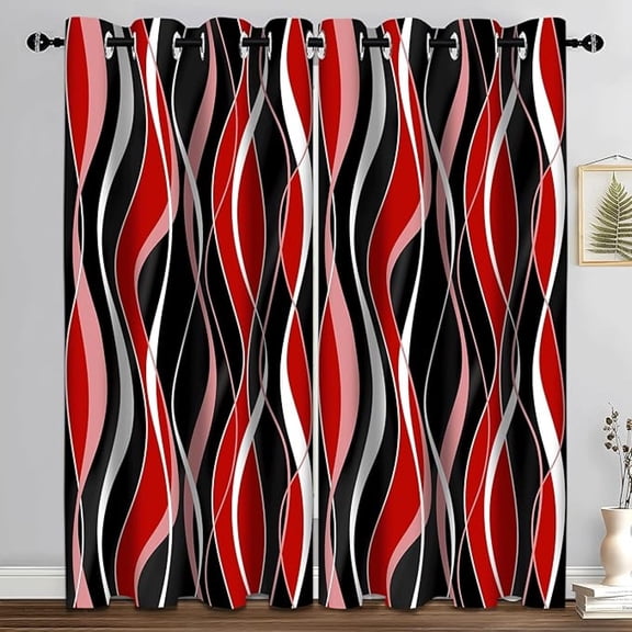 Red Black Blackout Curtains, Abstract Geometric Striped Aesthetic Art Darkening Window Drapes Grommet For Living Room Bedroom Decor 26"W x 54"L (Pack of 2)