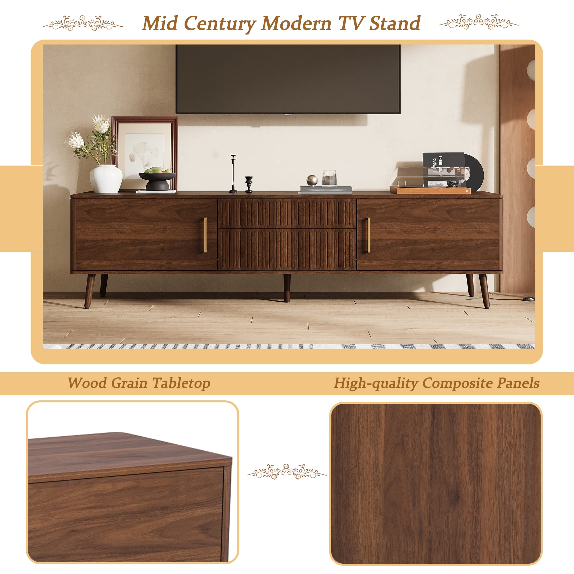 TV Stand for TVs up to 80 Inch, Mid-Century Modern Entertainment Center with 2 Drawers & 2 Cabinets, Media Console for Living Room
