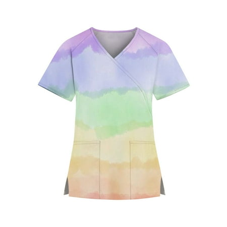 

Yubatuo Independence Day Women Plus Size Scrubs Top with Pockets V-Neck Short Sleeve Printed Work Blouse for Women Light Purple XL