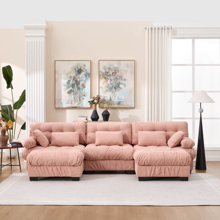 FFZ U-Shaped Modular Sectional Sofa with Round Armrests and 5 Pillows, 123 x 57 x 35 inch, Pink