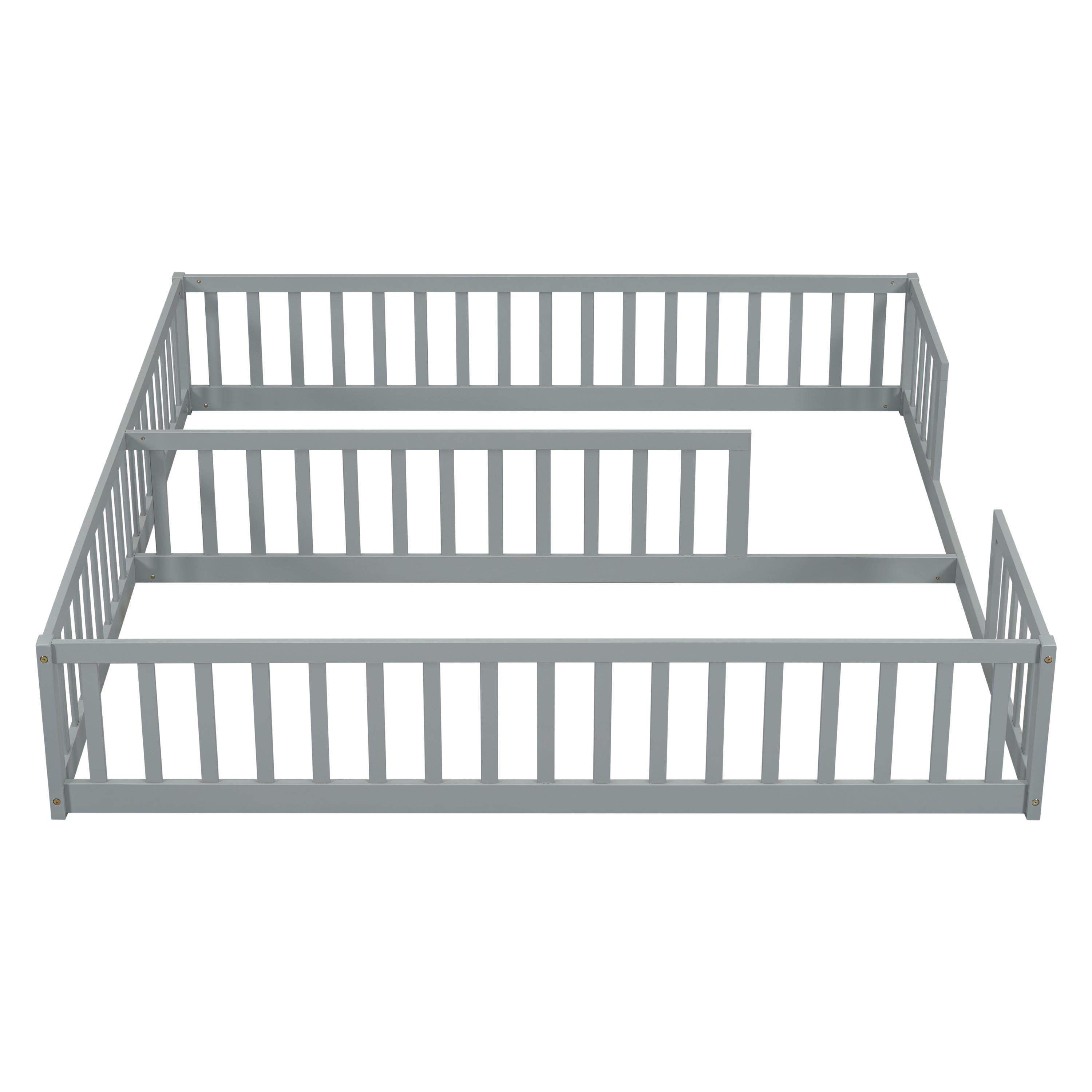 PORKISS Twin Size Floor Bed for Kids, Double Wood Montessori Bed Frame with Fence, Grey