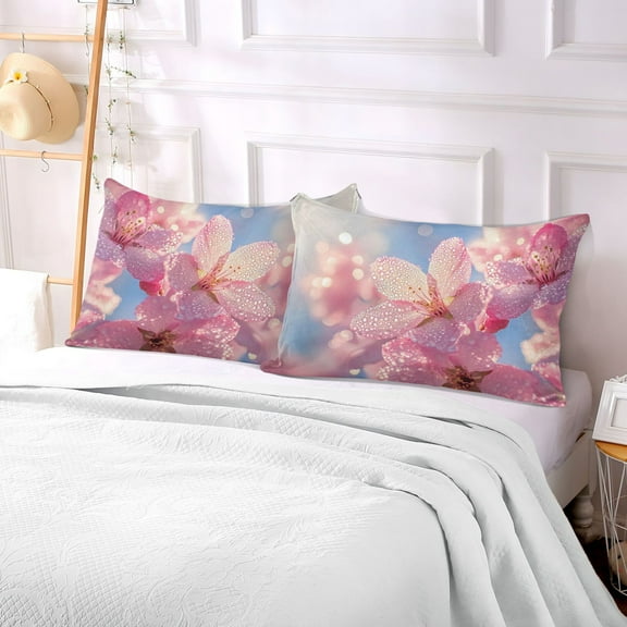 Pillow Case Plush Pillow Pink Flowers with Water Droplets Case standard size/King size/Queen size Bed Pillow Pillowcases