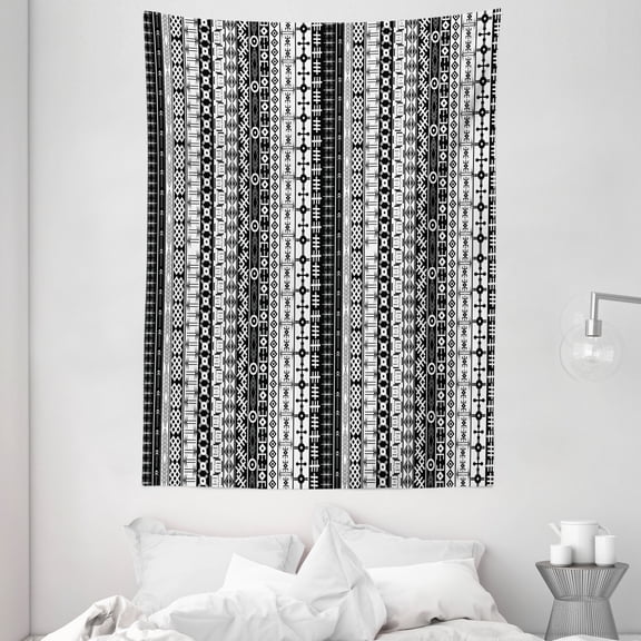 Primitive Decor Tapestry, Black and White African Tribal Motifs Native Artistic Geometric Borders, Wall Hanging for Bedroom Living Room Dorm Decor, 60W X 80L Inches, Black White, by Ambesonne