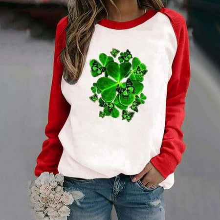 

YFPWM Hawaiian Shirts for Women Scrub Tops Petite Tops Lace Top Butterfly Cake Top Spring Patchwork St. Patrick s Day Print Long Sleeve Round Neck Tops