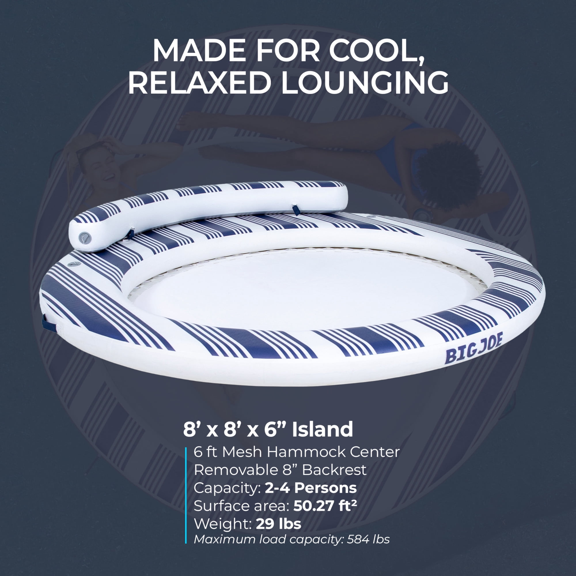 Big Joe Tidaljoy 8' Round Inflatable Floating Island for Adults, Heavy Duty Lake Platform & Boat Raft with Handles & Hand Pump, Navy Stripe