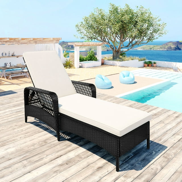 Patio Chaise Lounge Chair, Rattan Wicker Chaise Lounge, All-Weather Sun Chaise Lounge Furniture, Pool Furniture Sunbed with Removable Cushion, Tanning Lounge Chair with 5 Adjustable Positions, B336