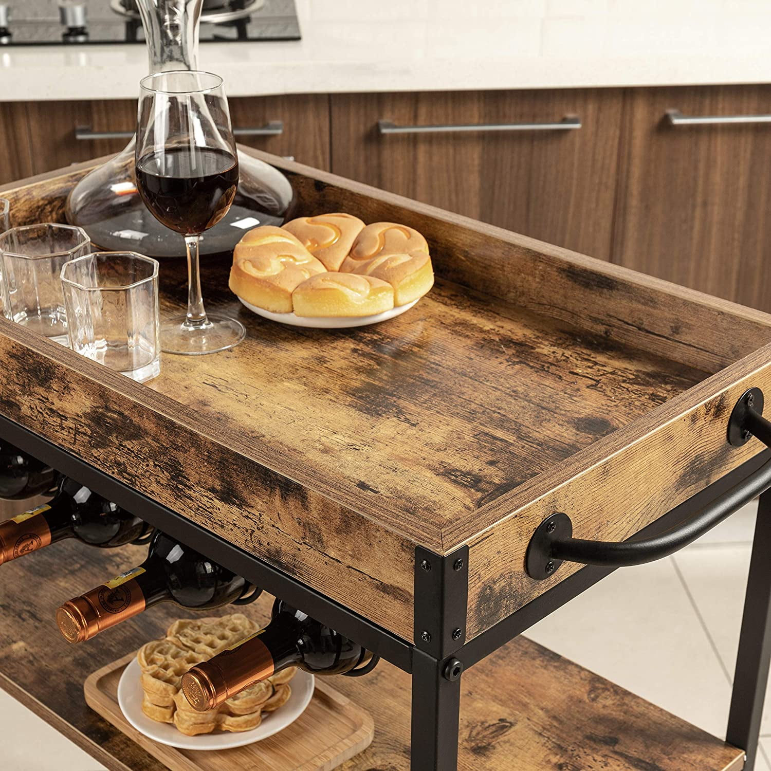 Industrial Kitchen Serving Carts Rolling Bar Cart with Tier Storage  Shelves bar carts for The Home with Wine Glass Holder,Lockable Caster  Liquor Cart Removable Top Box Container