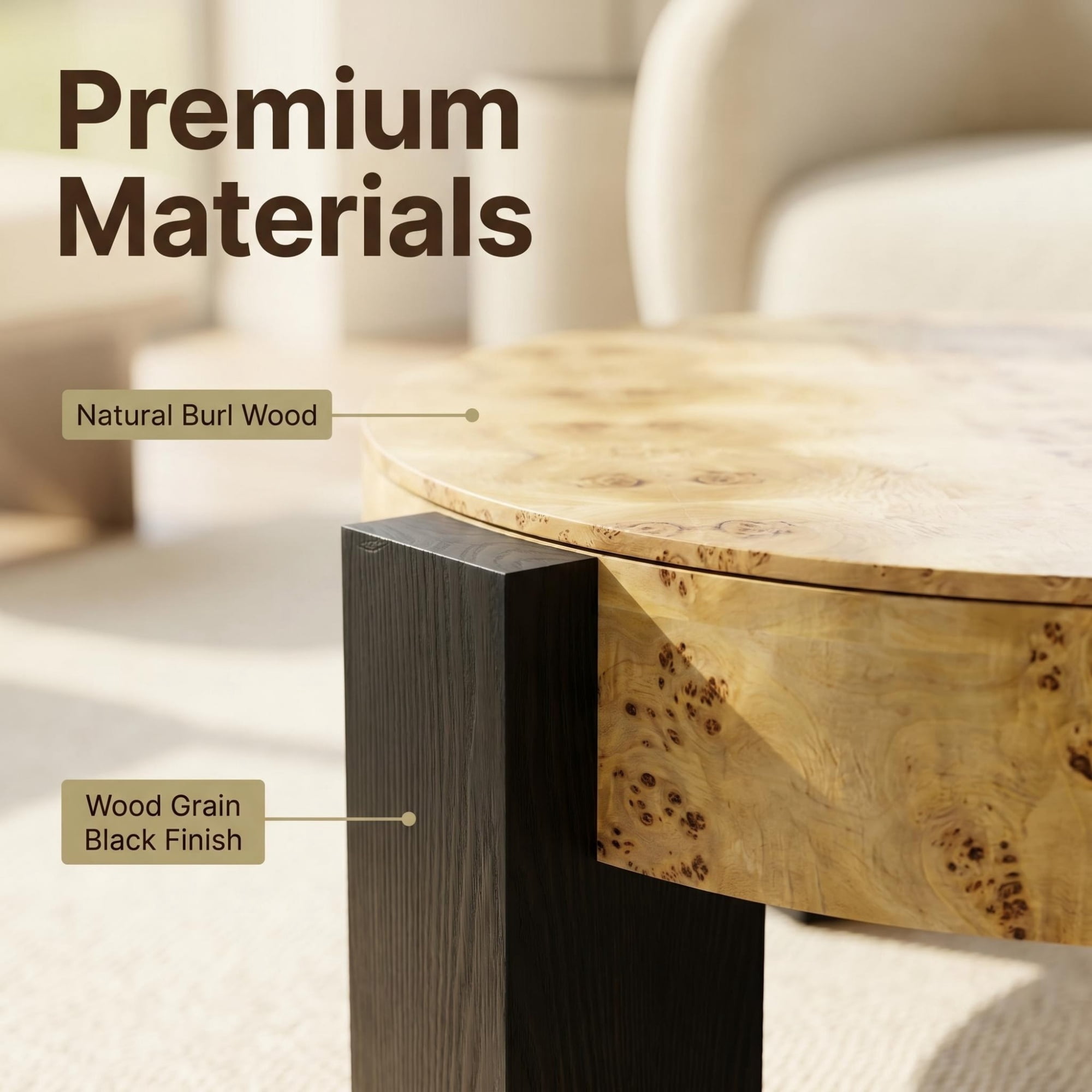 1PCS Round Coffee Table with Hidden Storage Compartment, Modern Wood Veneer Accent Center End Table with 3 Block Legs
